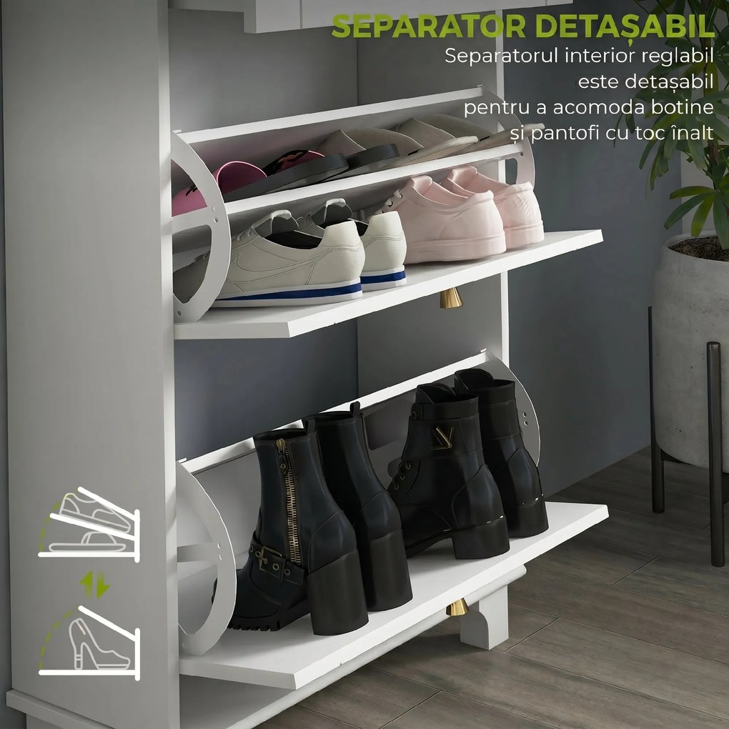 HOMCOM Dulap Pantofi Slim cu 2 Uși, Sertar, Rafturi Reglabile, 8 Perechi, MDF, PAL, 60 x 23,5 x 98,5 cm, Alb | Aosom Romania