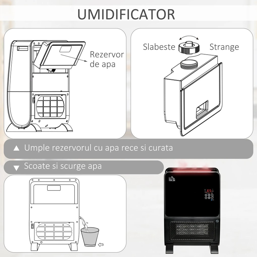 Soba Electrica 2 în 1 cu Umidificator, incalzitor cu Lumină LED in 3 Culori si Ultraviolete, Temporizator si Telecomanda HOMCOM | Aosom Romania