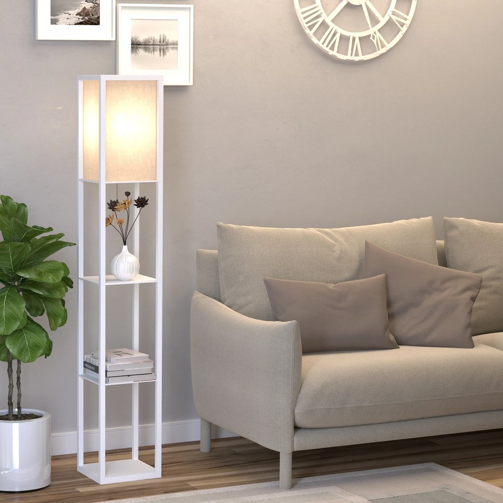 HOMCOM Lampă de Podea 40W cu 3 Rafturi Integrate și Comutator de Picior, Lampă Modernă din MDF și Acrilic, 26x26x160 cm, Alb | Aosom Romania