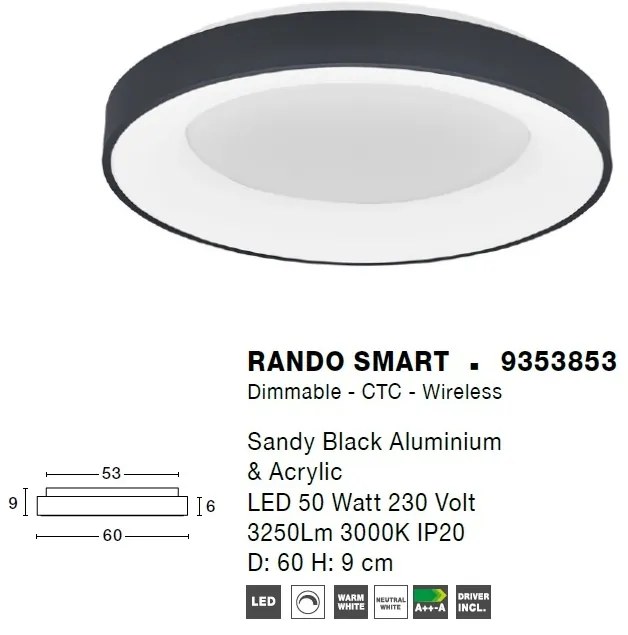 Lustra LED aplicata controlata wireless prin smartphone Rando Smart neagra