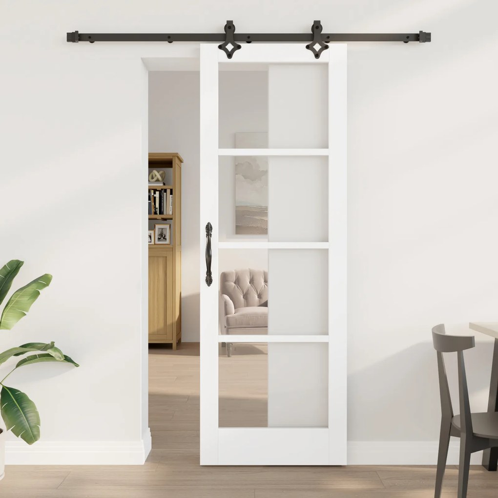 Ușă glisantă vidaXL cu set de accesorii &#039;ORKDAL&#039;Alb din lemn masiv și sticlă
