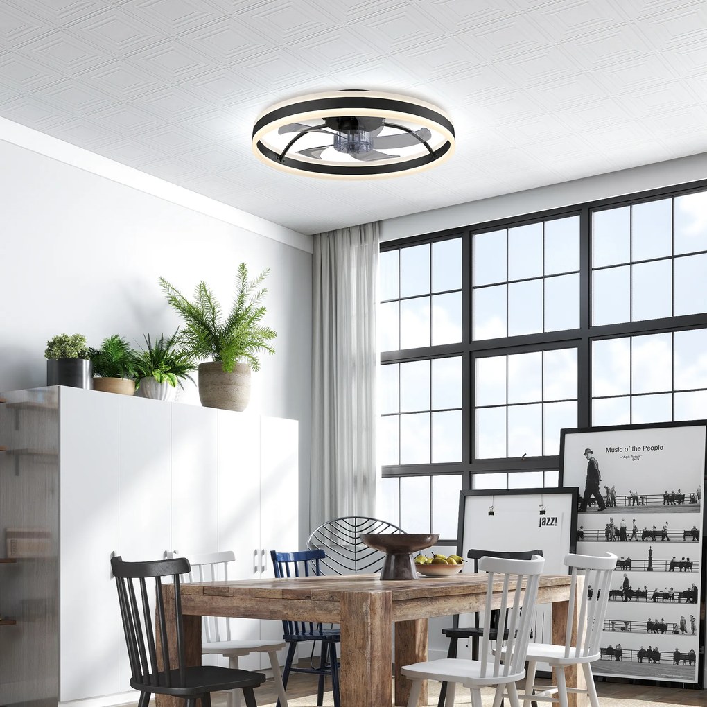 HOMCOM Ventilator de tavan cu lumină LED 6 viteze Motor reversibil și control la distanță Putere 45 W Ø50x13,5 cm Negru | Aosom Romania