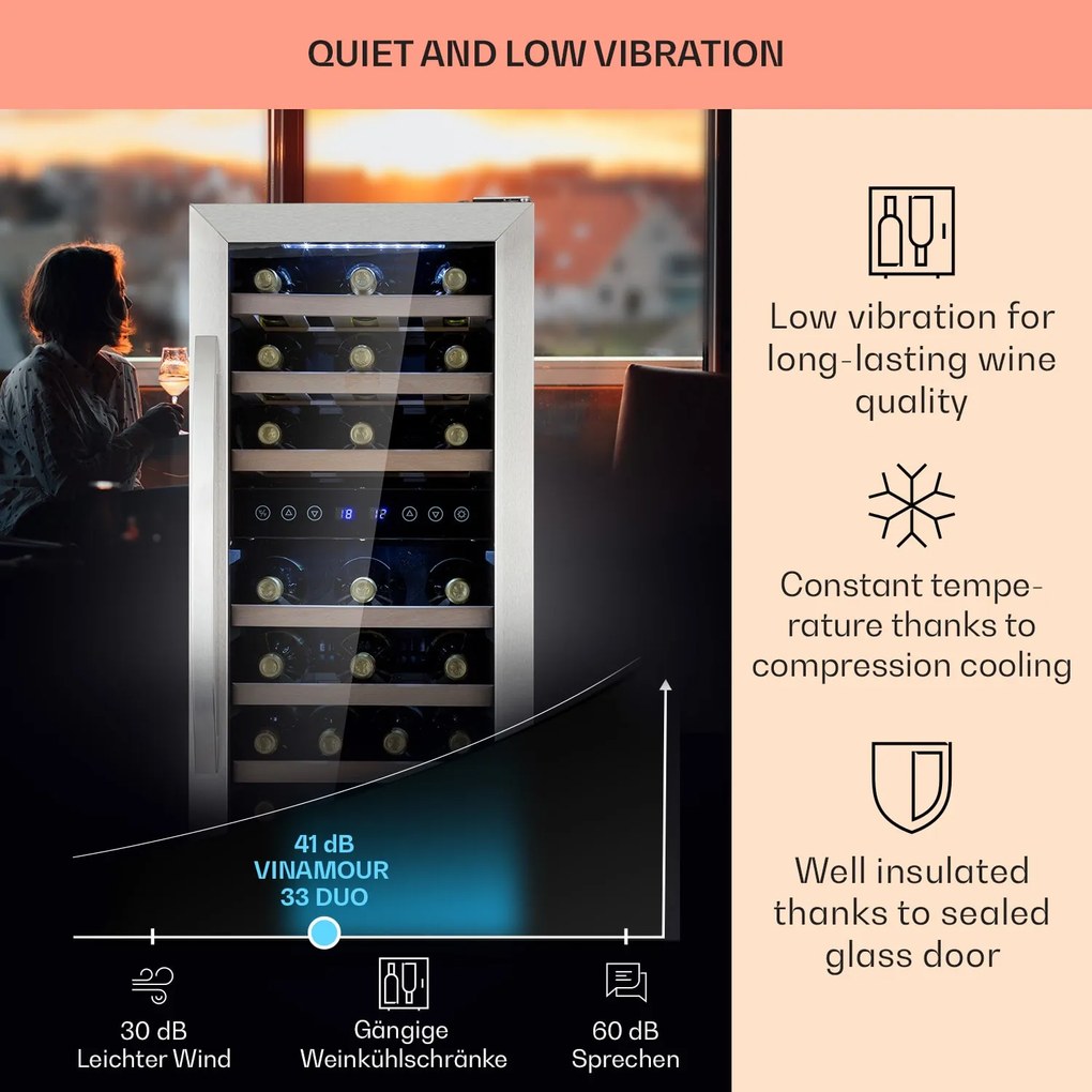 Klarstein Vinamour 33 Duo, frigider pentru vin, 2 zone, 89 l / 33 sticle, 5-18 °C, control tactil