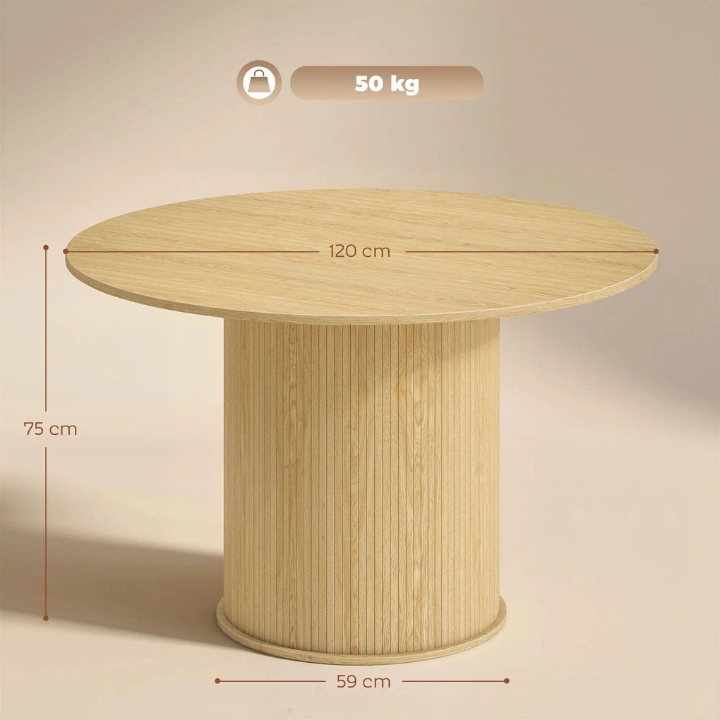HOMCOM Masă de dining rotundă pentru 5 persoane, Ø 120 x 76 cm, masă de bucătărie cu bază cilindrică canelată, lemn natural | Aosom Romania
