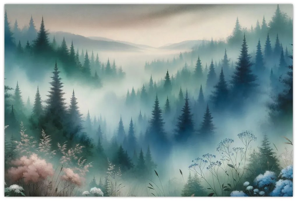 Tablou - Peisaj forestier cu ceață (90x60 cm)