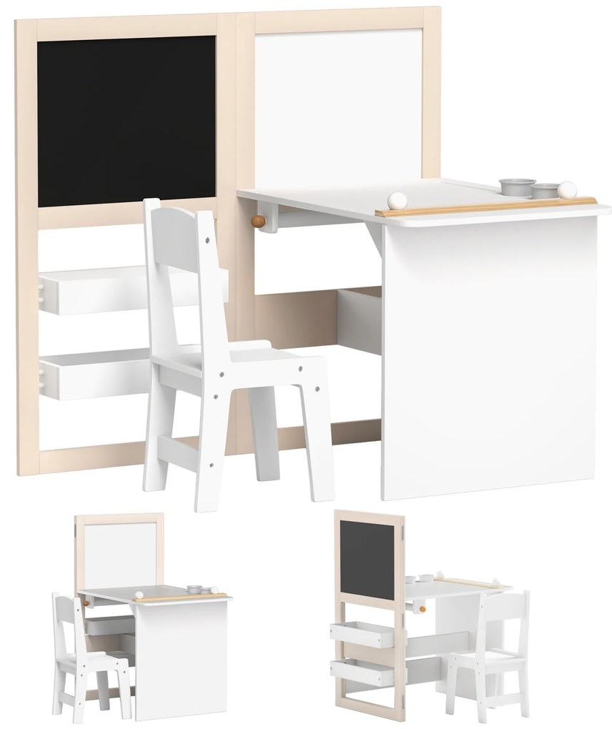 AIYAPLAY Masă copii cu scaun 3 în 1 cu chevalet pliabil rafturi de depozitare, roleu de hârtie - 3 până la 8 ani, alb | Aosom Romania