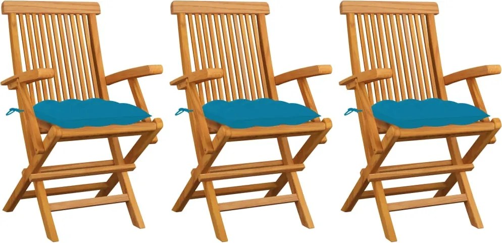 vidaXL Scaune grădină cu perne albastru deschis 3 buc. lemn masiv tec