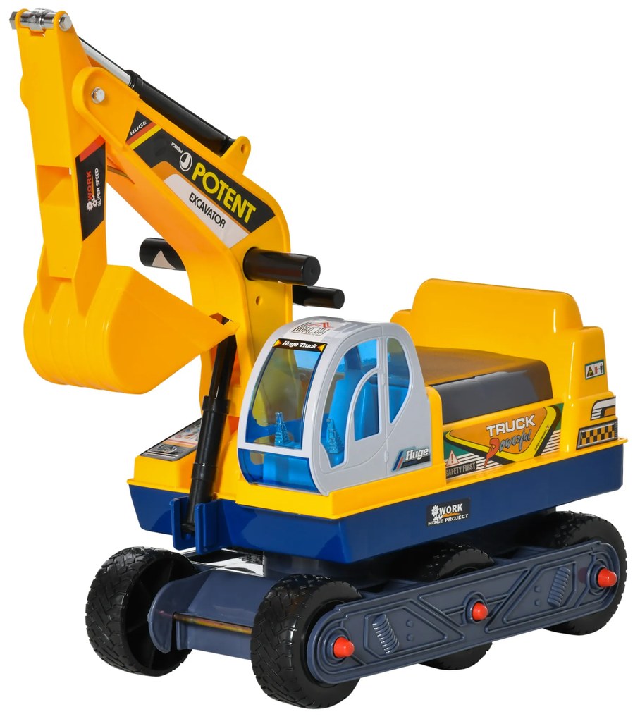 HOMCOM Buldozer Jucarie cu Excavator Manual Scaun Rotativ si Casca, Jucarie prevazuta cu Loc, Copii 2-3 ani, 77x26x55cm, Galben