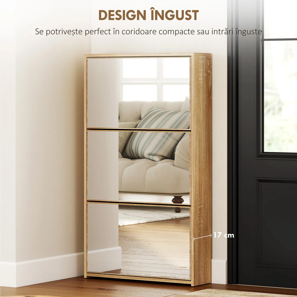 HOMCOM Dulap pentru Pantofi a Oglindă Con 3 Sertare a Rabatabil 65x17x114.5 cm Color Lemn | Aosom Romania