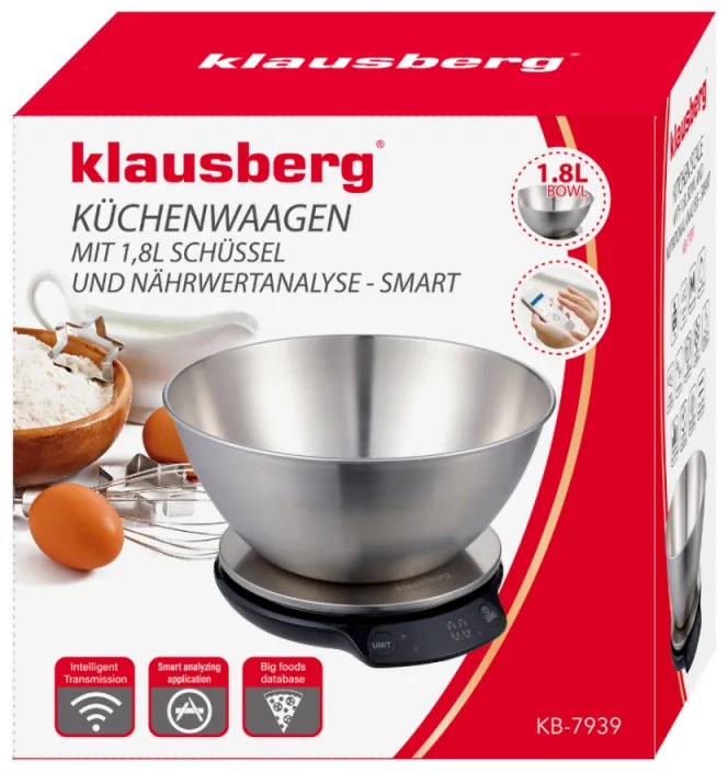 Cantar de bucatarie cu bol Klausberg KB 7939, 5 Kg, Bluetooth, Aplicatie mobila, LED, Tare, Lichide, 4 valori nutritive, Inox