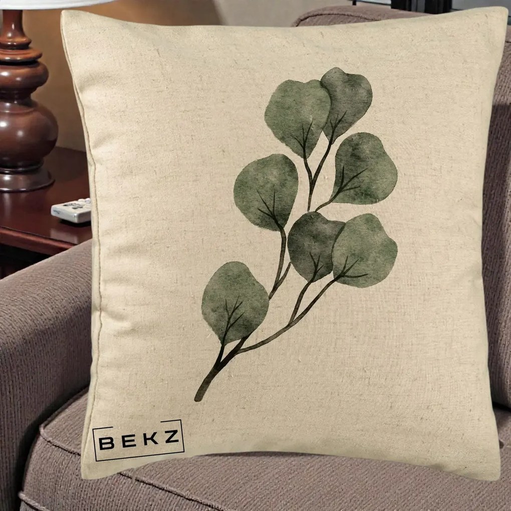 Perna Decorativa Ramura Eucalipt Acuarela, 40x40 cm, Bej, Husa Detasabila, Perna Inclusa, BEKZ®