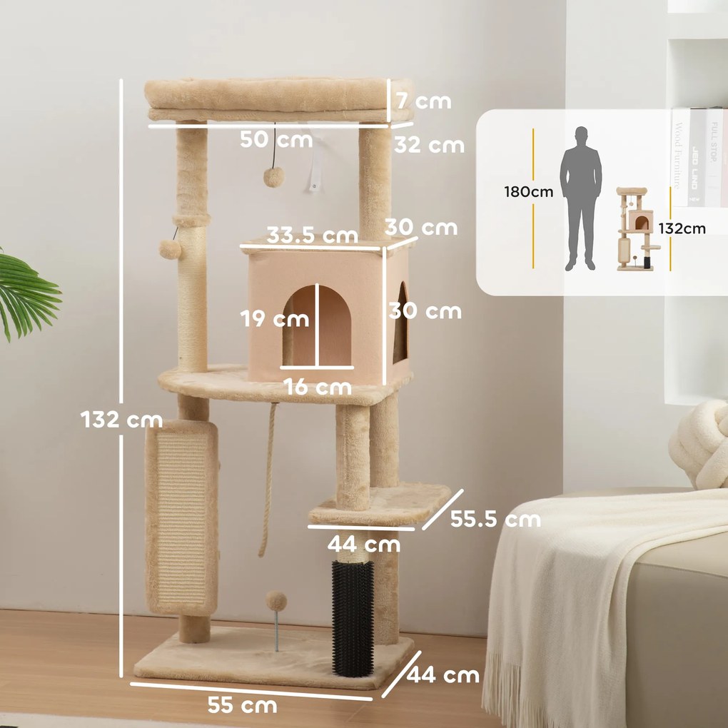 PawHut Arbore pentru Pisici Multilevel Înalt 132 cm cu Căsuță, Culcuș, Stâlpi Zgâriători, Perie și Biliță, Bej | Aosom Romania