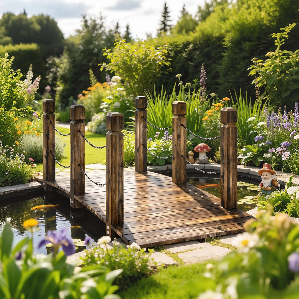 Outsunny Pod de Grădină din Lemn 1,51 m Pod Decorativ pentru Iaz Rustic cu Balustrade de Siguranță Carbonizat | Aosom Romania