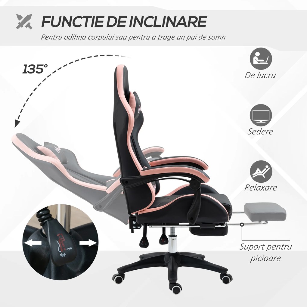 Scaun de Gaming Premium, Piele Ecologică PU, Oțel, Înălțime Ajustabilă, Spătar Inclinabil, 65x65x121-129 cm, Roz și Negru | Aosom Romania