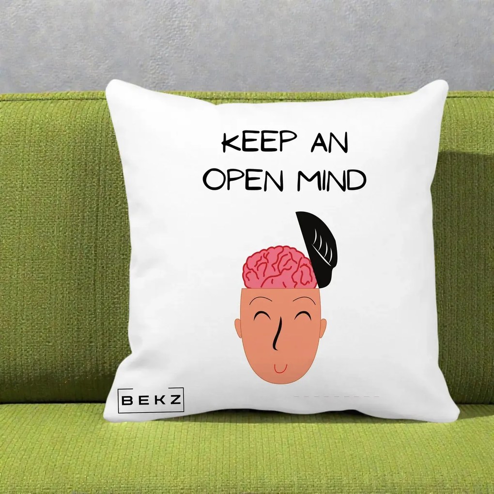 Perna Decorativa Keep An Open Mind, 40x40 cm, Alba Mata, Husa Detasabila, Perna Inclusa, BEKZ®
