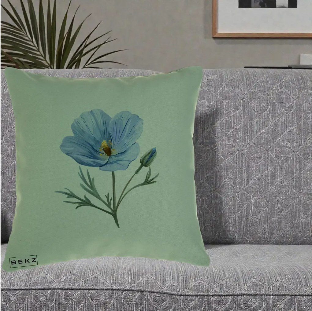 Perna Decorativa Mac Albastru Acuarela, 40x40 cm, Verde, Husa Detasabila, Perna Inclusa, BEKZ®