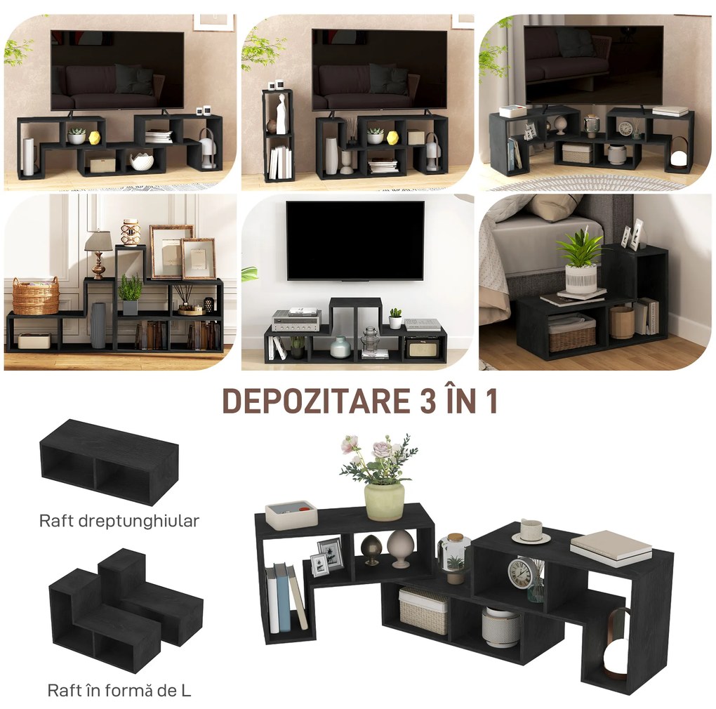 HOMCOM Mobilier TV 75" cu 2 Rafturi în Formă de L și Raft Dreptunghiular, 134-180x30,5x44 cm, Negru | Aosom Romania