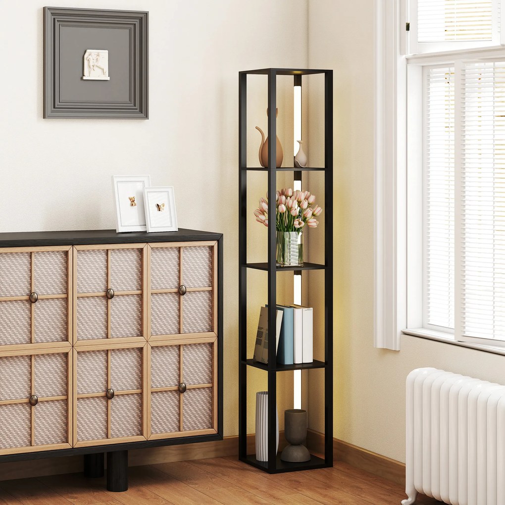 HOMCOM Lampă de Podea cu 4 Rafturi și 3 Luminozități Reglabile 29x29x163cm Negru | Aosom Romania