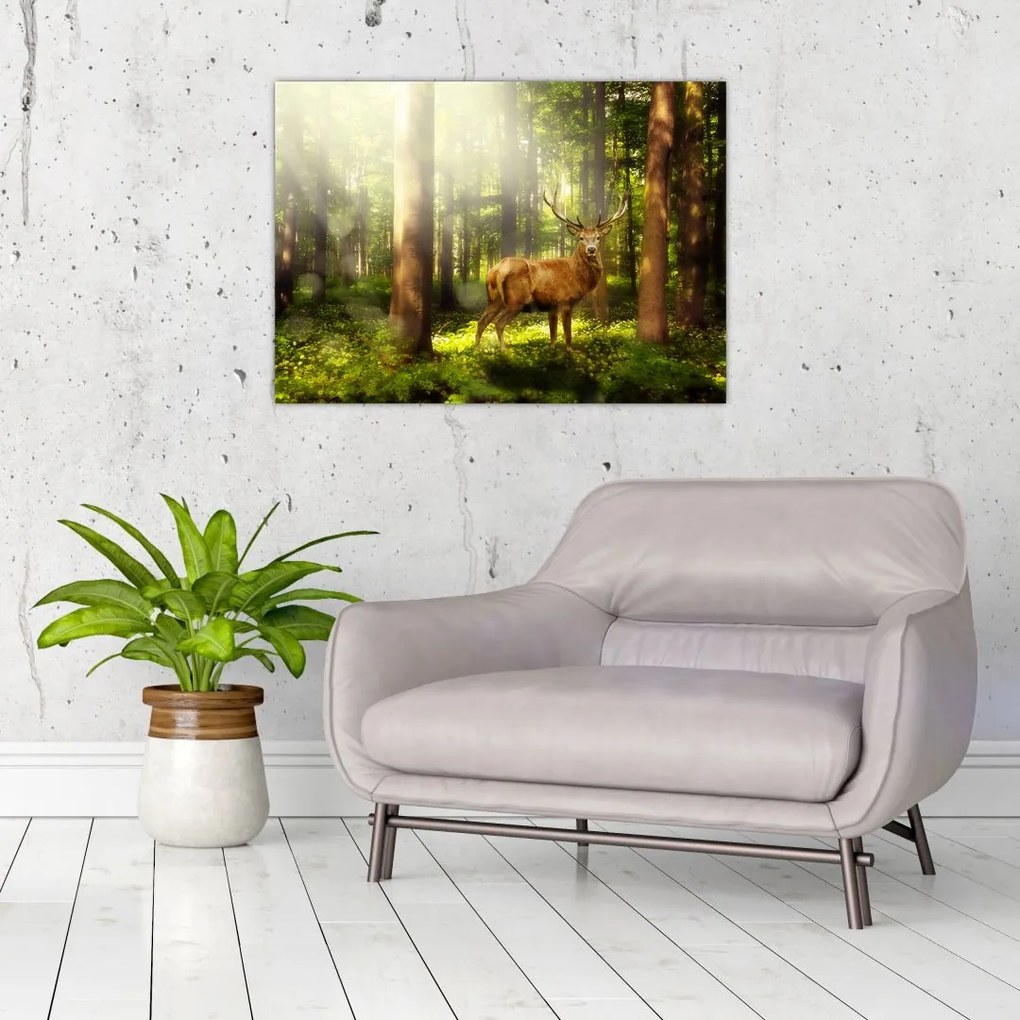 Tablou pe sticlă cu cerbul în pădure (70x50 cm)