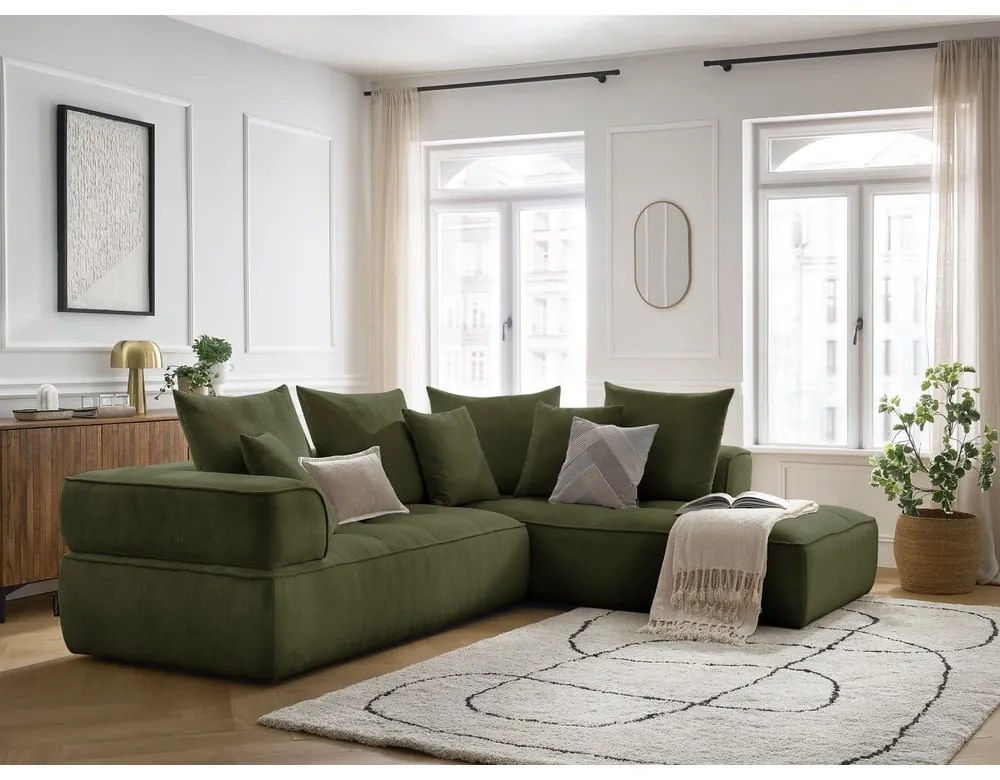 Colțar verde cu tapițerie din chenille (cu colț pe partea dreaptă/în formă de ”L”) Whesley – Bobochic Paris