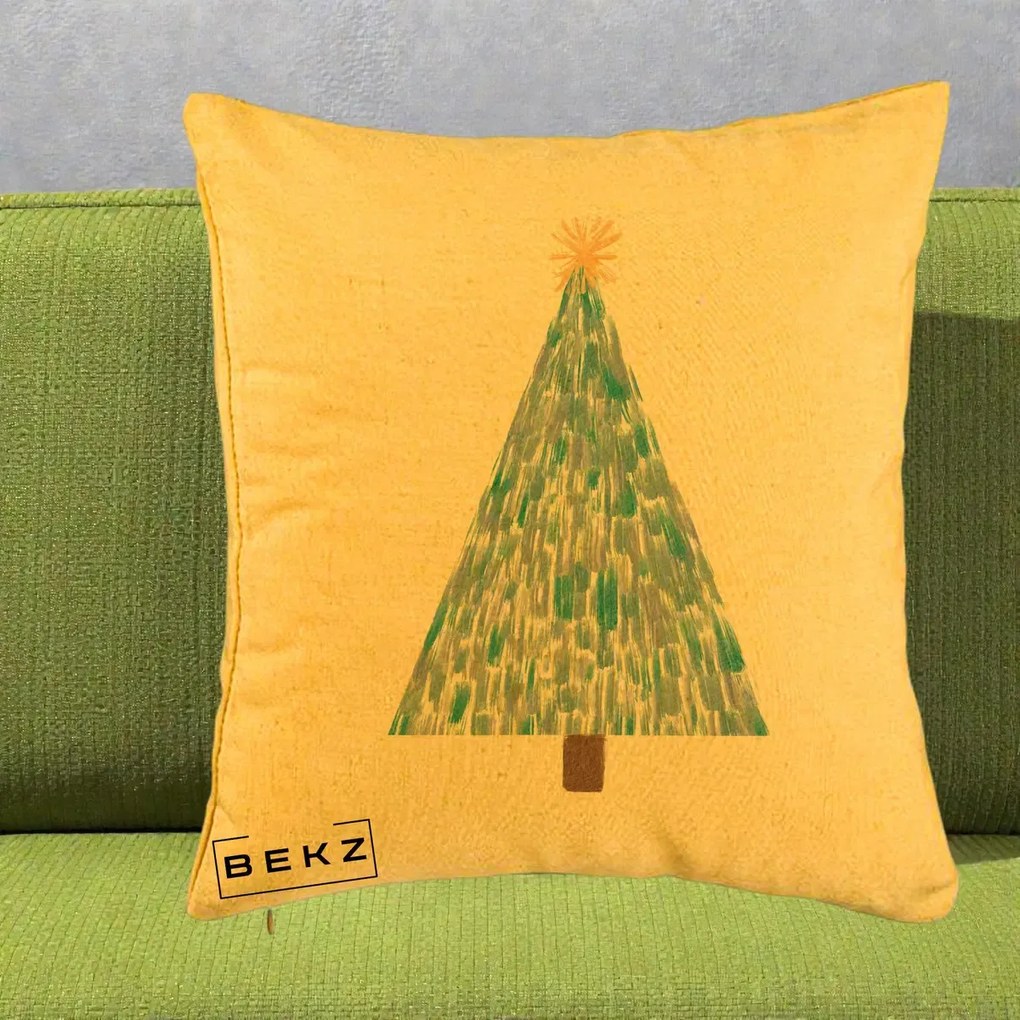 Perna Decorativa Brad de Craciun Acrilic Albastru, 40x40 cm, Galben, Husa Detasabila, Perna Inclusa, BEKZ®