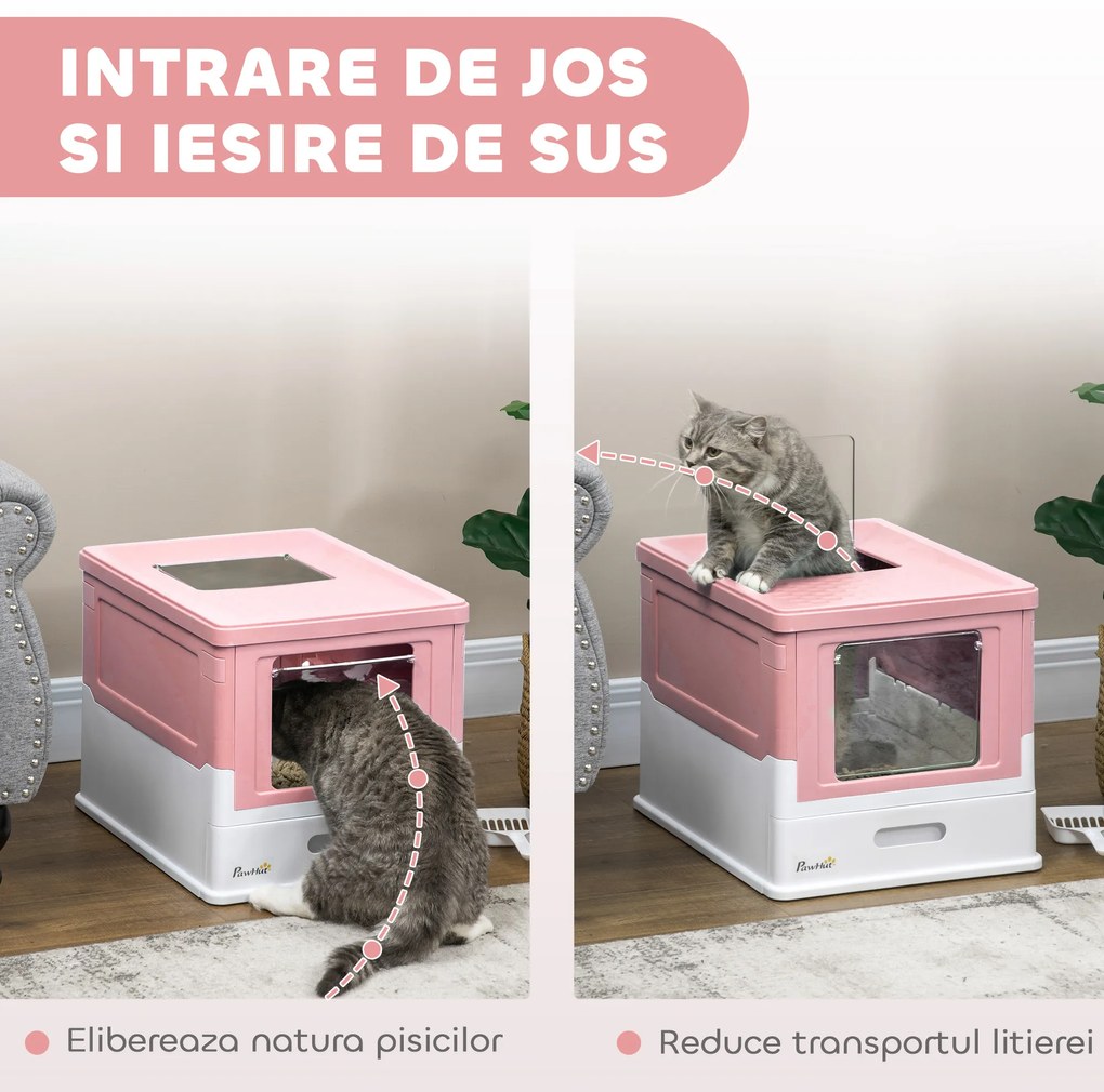 PawHut Litieră Acoperită pentru Pisici cu Lopățică Inclusă, Tavă Detașabilă și 2 Uși, 47,5x35,5x36,7 cm, Roz | Aosom Romania
