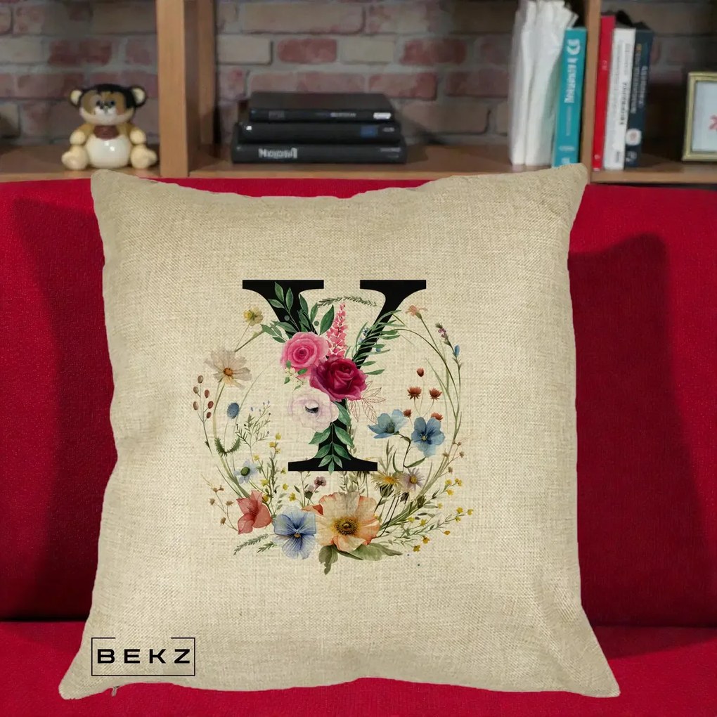 Cadou Personalizat - Perna Personalizata Monograma Florala Litera Y cu Coroana, 40x40 cm, Crem, Husa Detasabila, Perna Inclusa, BEKZ®