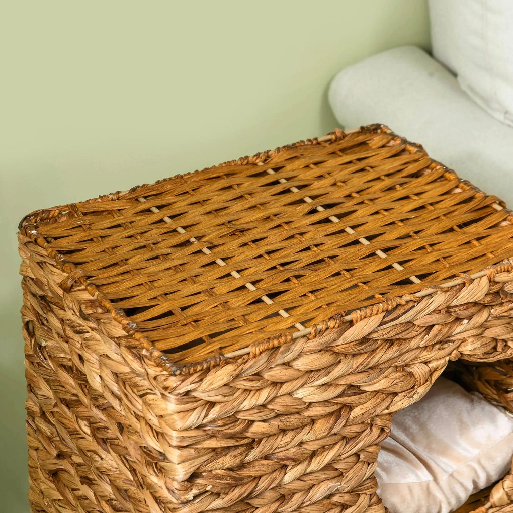 PawHut Copac pentru pisici cu turn de zgâriat, 3 etaje, perne căptușite, deschideri pentru ușă, hiacint de apă, maro deschis | Aosom Romania