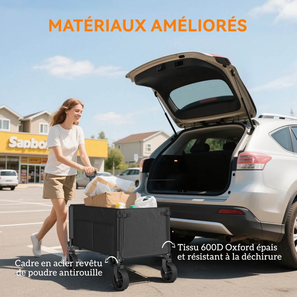 Outsunny Cărucior de grădină pliabil 150 L, cărucior de transport de plajă mâner reglabil buzunare laterale 85 x 50 x 90 cm negru | Aosom Romania