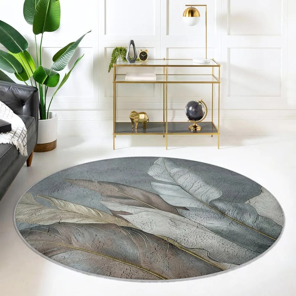 Covor verde/gri lavabil rotund ø 150 cm Dusty Leaves – Mila Home