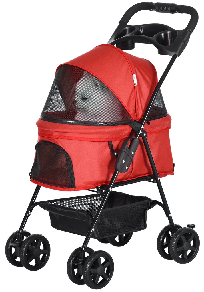 PawHut Cărucior buggy pliabil câine pisică coș depozitare suporturi pahare țesătură Oxford 300D impermeabilă 4 roți roșu | Aosom Romania