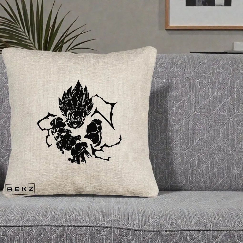 Perna Personalizata Dragon Ball Goku Super Saiyan Silueta, 40x40 cm, Bej Canapea, Husa Detasabila, Perna Inclusa, BEKZ®