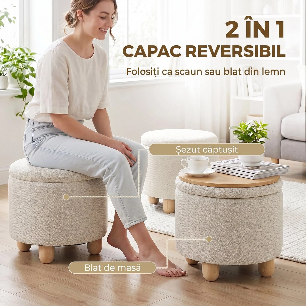 HOMCOM Taburet Rotund cu Spațiu de Depozitare, Capac, 19 L, Material Textil cu Aspect de Iută, 38,5x38,5x33,5 cm, Bej | Aosom Romania
