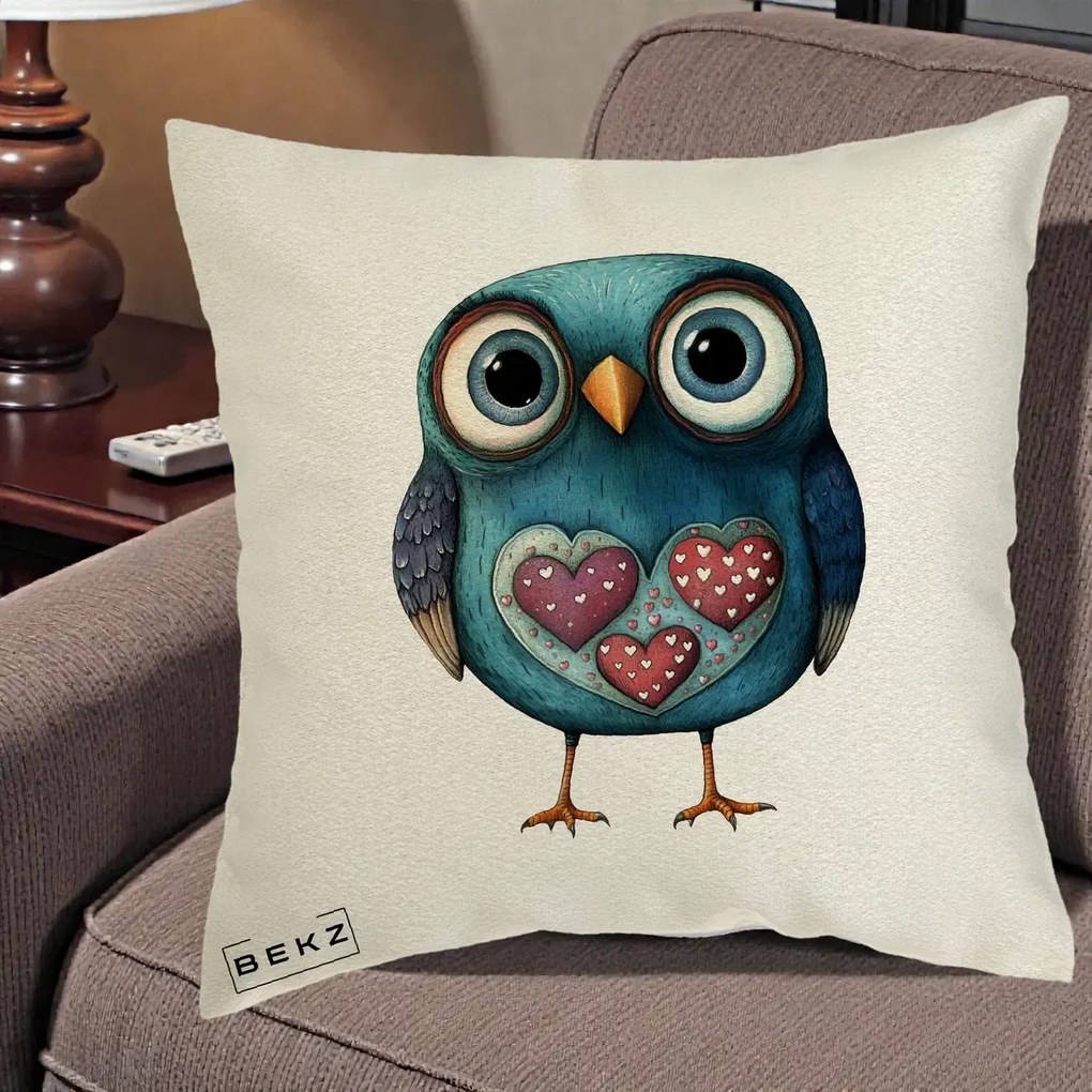 Perna Decorativa Bufnita Teal cu Doua Inimi, 40x40 cm, Ecru, Husa Detasabila, Perna Inclusa, BEKZ®