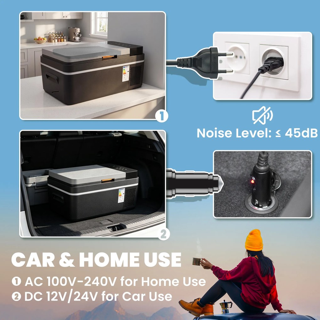 Outsunny Frigider cu compresor 20L -20℃-20℃ Frigider electric cu control prin aplicație Iluminare LED Port USB Protecție baterie | Aosom Romania