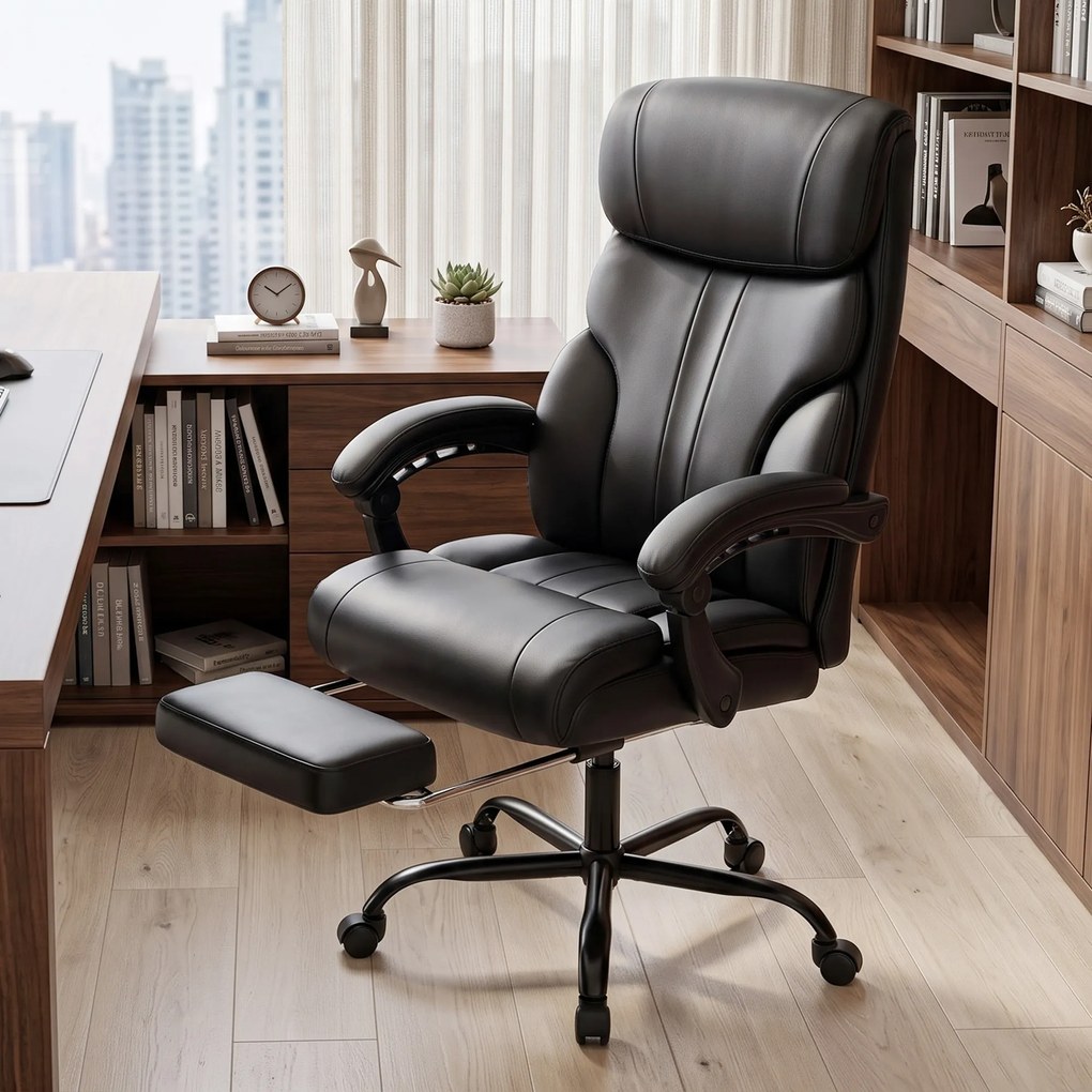 HOMCOM Scaun de birou ergonomic rotativ, rabatabil 165°, din piele ecologică PU, cu suport pentru picioare și înălțime reglabilă, negru | Aosom Romania