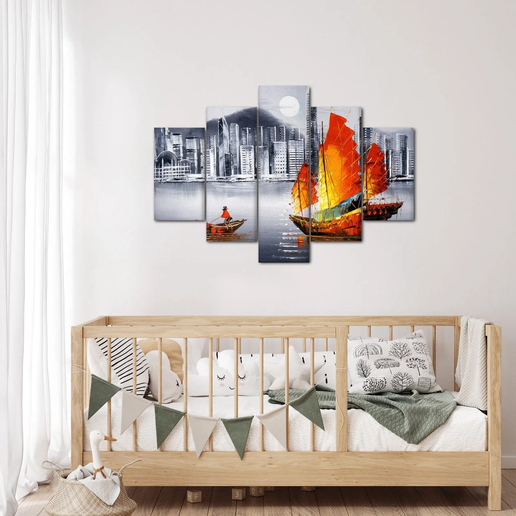 Tablou - Victoria Harbour, Hong Kong, pictură în ulei alb- negru (150x105 cm)