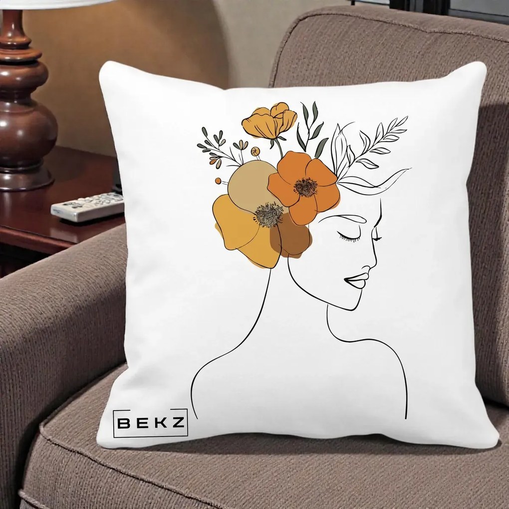 Perna Decorativa Portret Feminin Flori Galbene-Portocalii, 40x40 cm, Alba Mata, Husa Detasabila, Perna Inclusa, BEKZ®