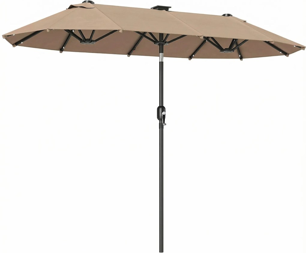 Outsunny Parasolar dublu 292 x 150 cm, umbrelă cu iluminare LED, manivelă, funcție de înclinare Khaki | Aosom Romania
