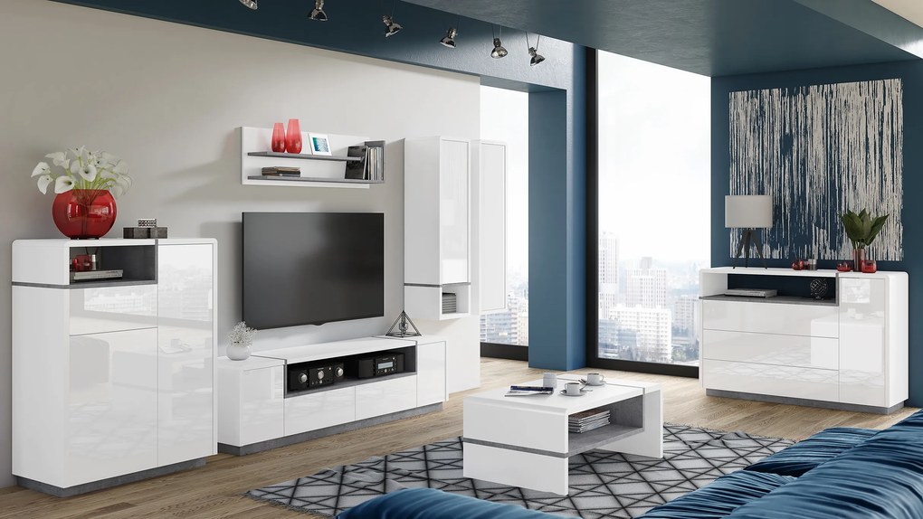 Mazzoni Set de mobilier FOLK Luciu Alb/Mat + Beton Millenium - MOBILIER MODERN PENTRU CAMERA DE ZI CU COMODĂ MARE TV