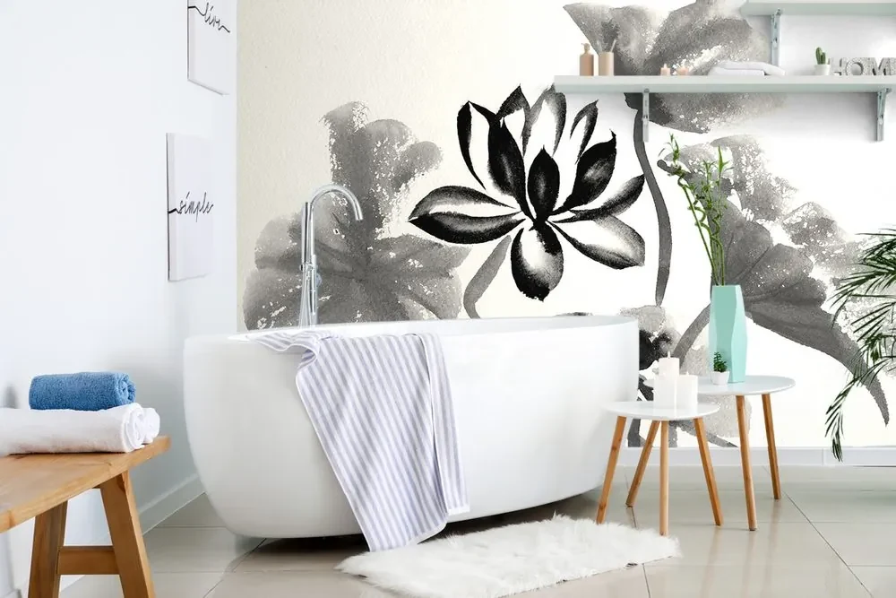 Tapet floare de lotus în acuarelă în alb-negru