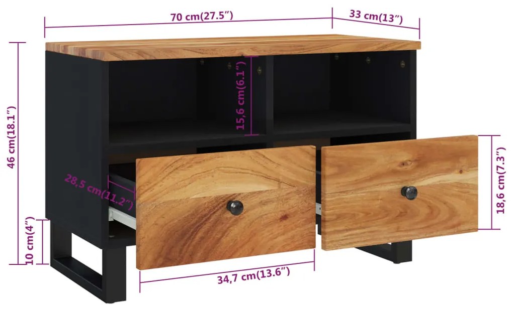 Comoda TV, 70x33x46 cm, lemn masiv de acacia 1, lemn masiv de acacia