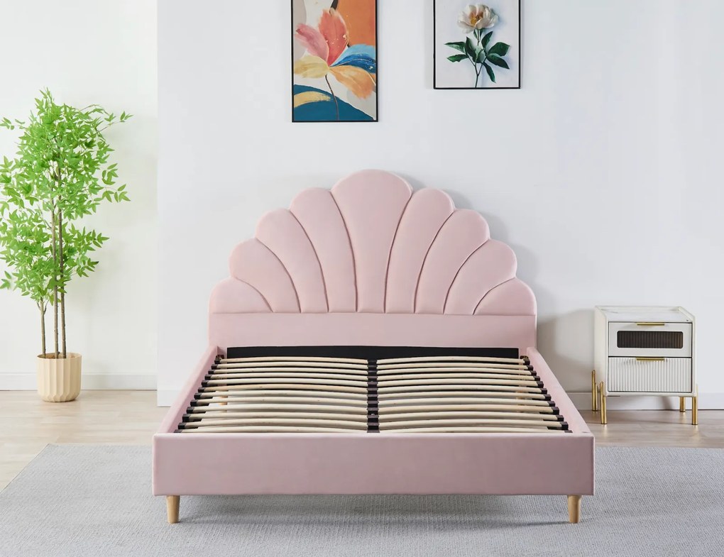 Pat Tapitat Catifea Roz 140x200 cm cu Somiera si Saltea Inclusa ,   Cod LB-50   Design Elegant si Confort Maxim
