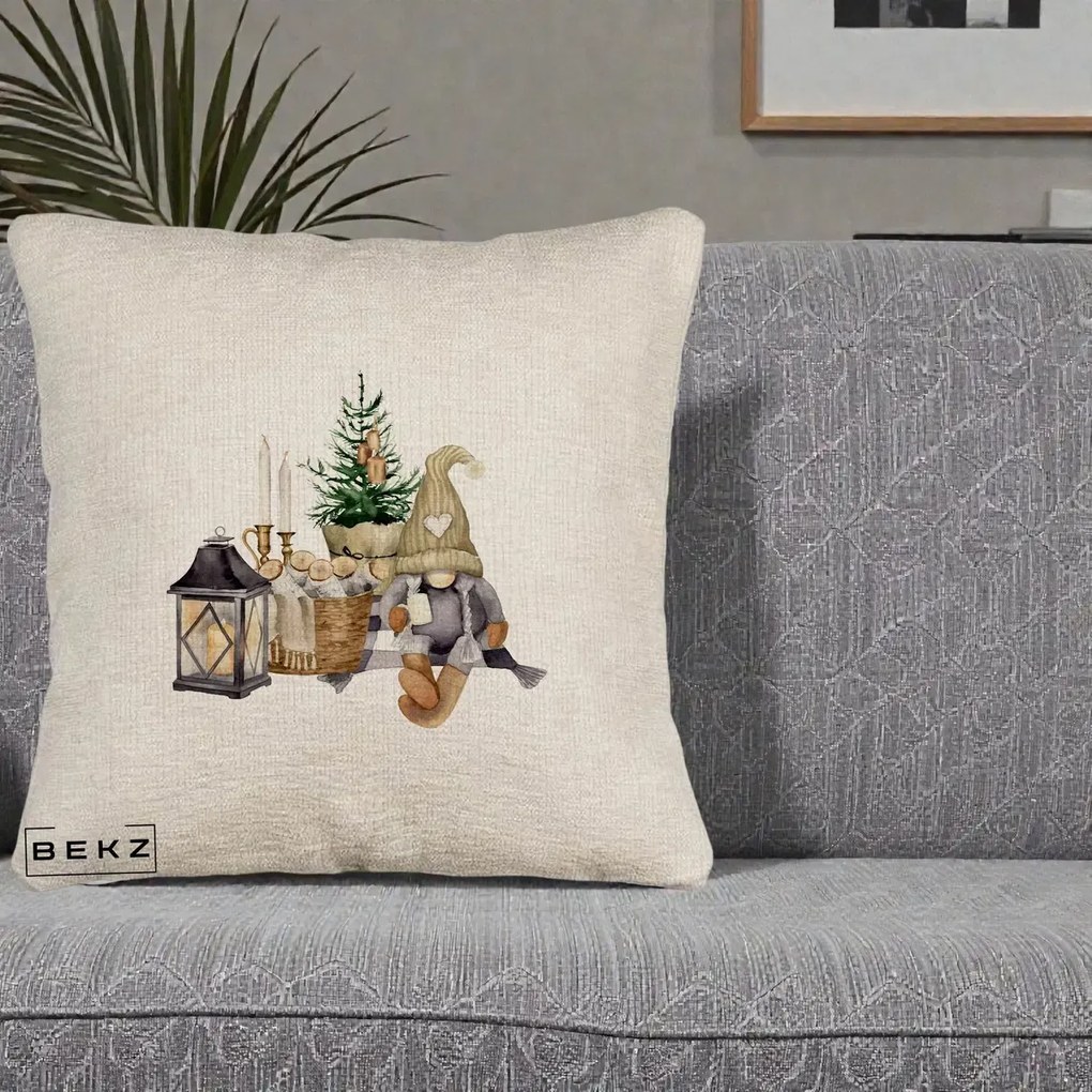 Perna Decorativa Gnom Scandinav cu Felinar, 40x40 cm, Bej Canapea, Husa Detasabila, Perna Inclusa, BEKZ®