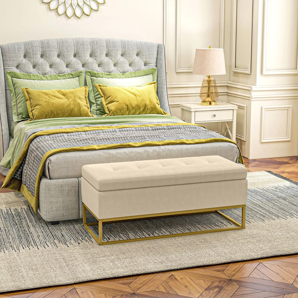 HOMCOM Bancă de Depozitare, design decorativ cu butoni, aspect de flanelă, piciorușe aurite, 110 x 47 x 46,5 cm | Aosom Romania