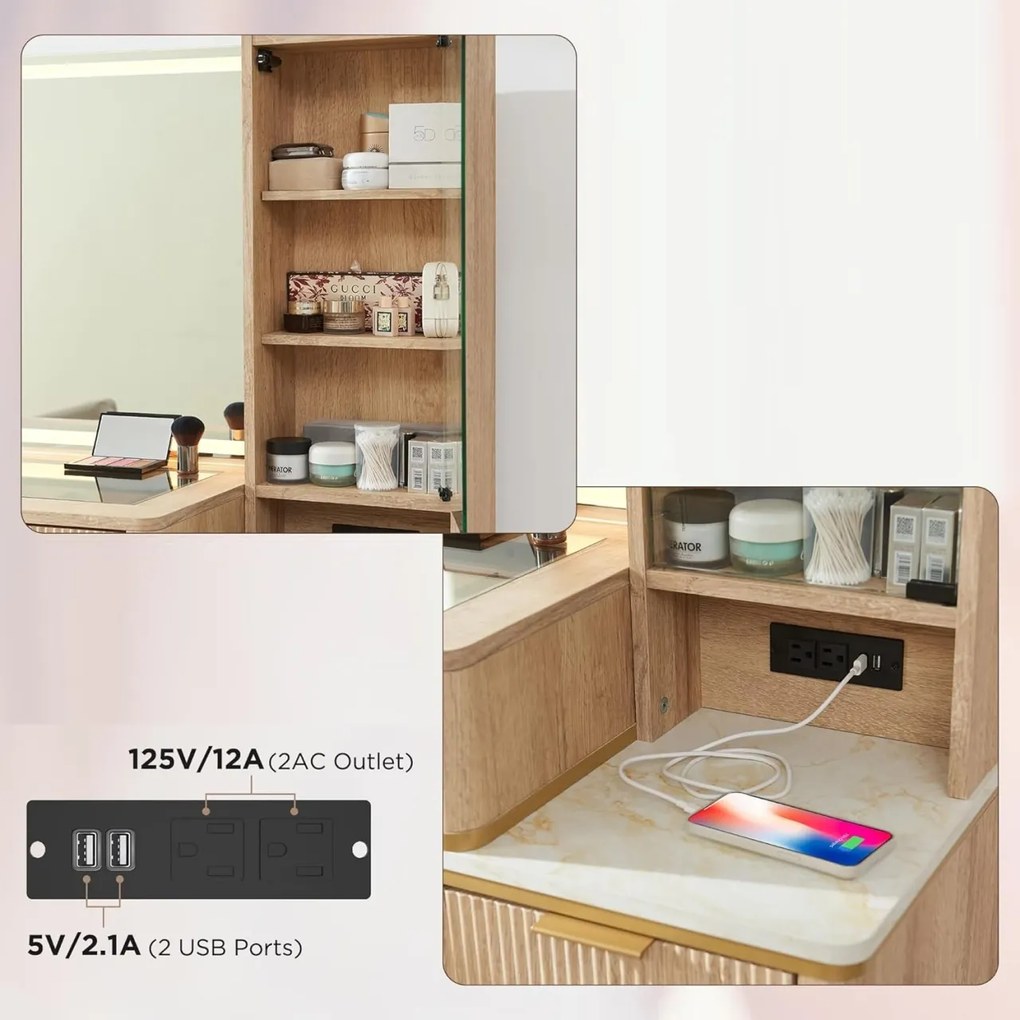 Masuta machiaj cu Oglinda LED si 5 Sertare pentru Cosmetice, Set Masa toaleta 122 cm, Alb, Antracit sau Culoarea Stejar, masuta cosmetica cu Riflaj,