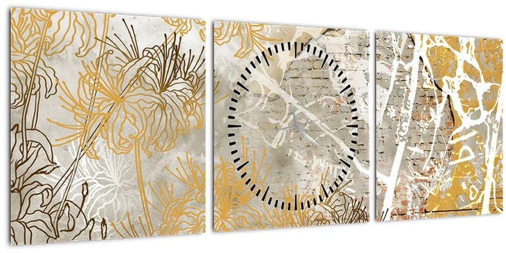 Tablou - Vintage perete cu flori (cu ceas) (90x30 cm)