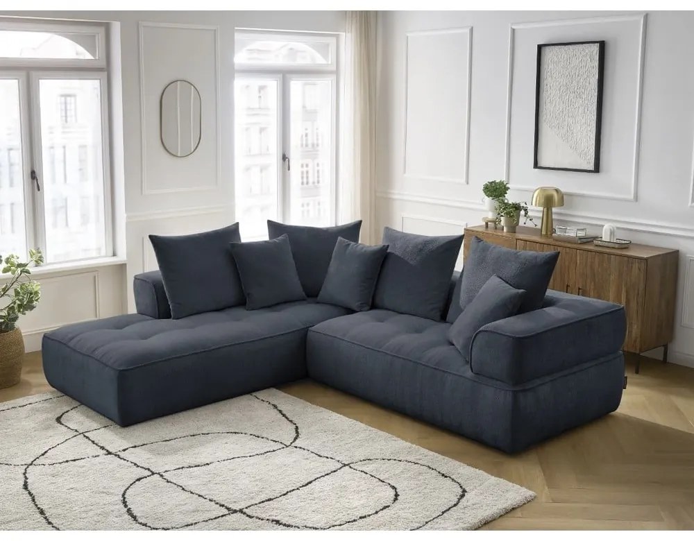 Colțar albastru închis cu tapițerie din chenille (cu colț pe partea stângă/în formă de ”L”) Whesley – Bobochic Paris