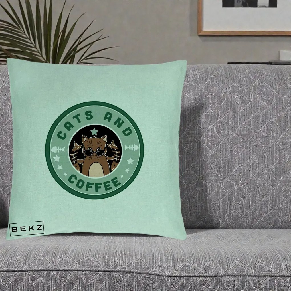 Perna Personalizata Cats and Coffee Starbucks, 40x40 cm, Verde Menta, Husa Detasabila, Perna Inclusa, BEKZ®
