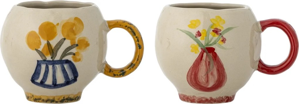 Set 2 căni din ceramică artizanală, pictate manual cu motive florale, natur, 8.5×7.5 cm, „Hiba"
